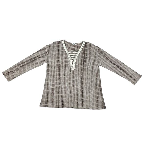 JodiFL Womens Shirt Blouse Sz Small Semi Sheer Brown Cream Tie Dye Lace Up Neck - Picture 6 of 10